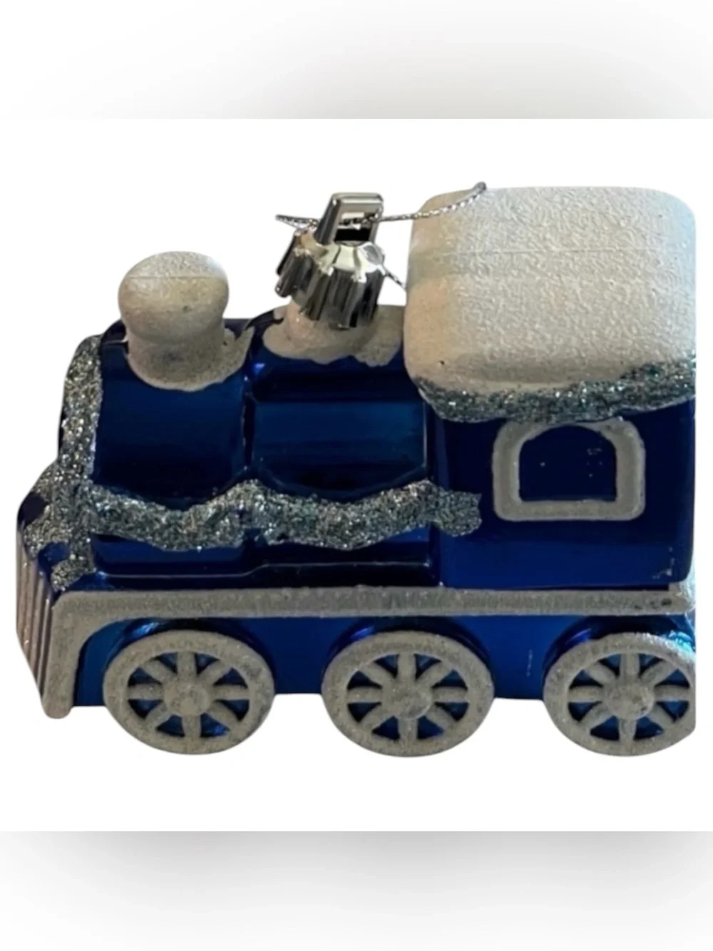 Vintage blue, white and silver sparkly train Christmas ornament